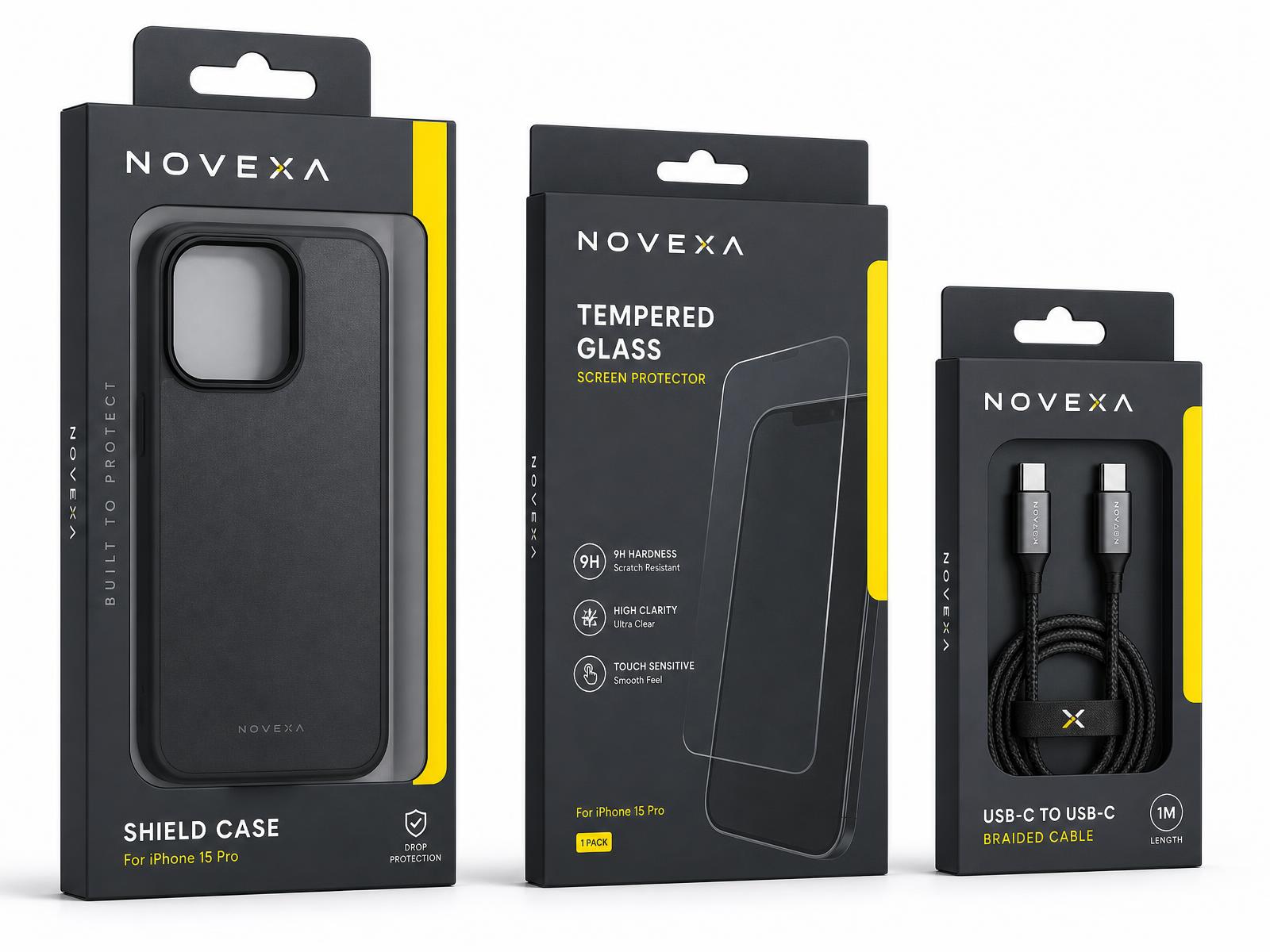 Matching private label retail packaging for a phone case, tempered glass screen protector and USB-C cable