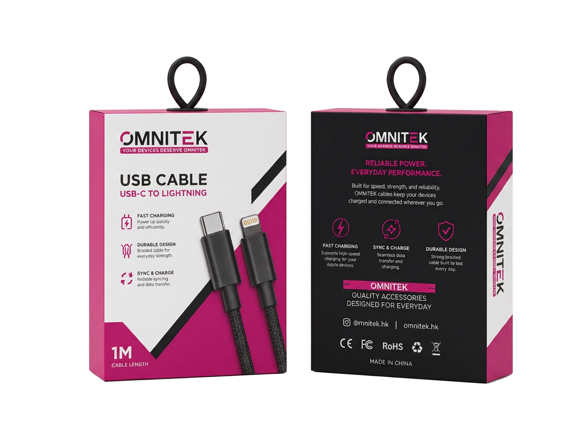 Omnitek charging cables retail packaging mockup