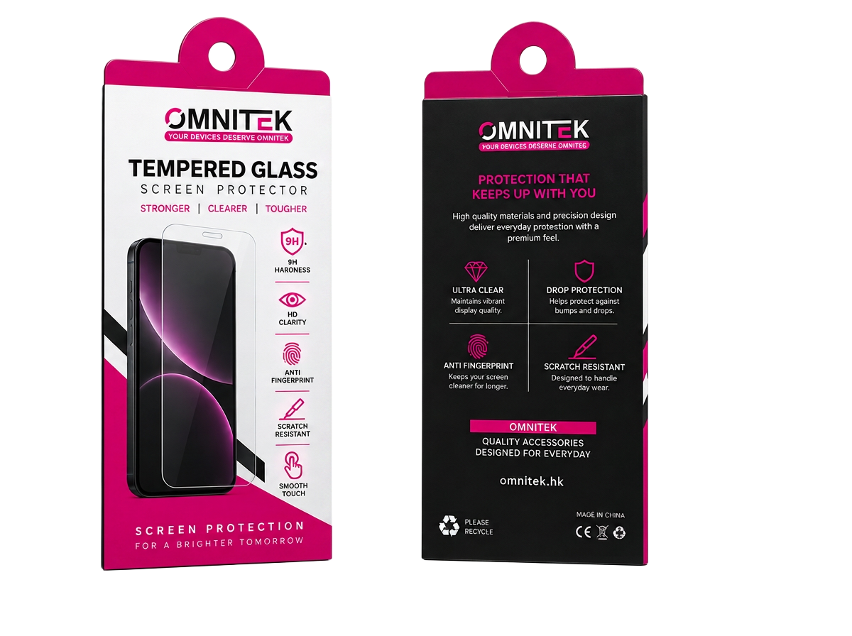 Omnitek tempered glass retail packaging mockup