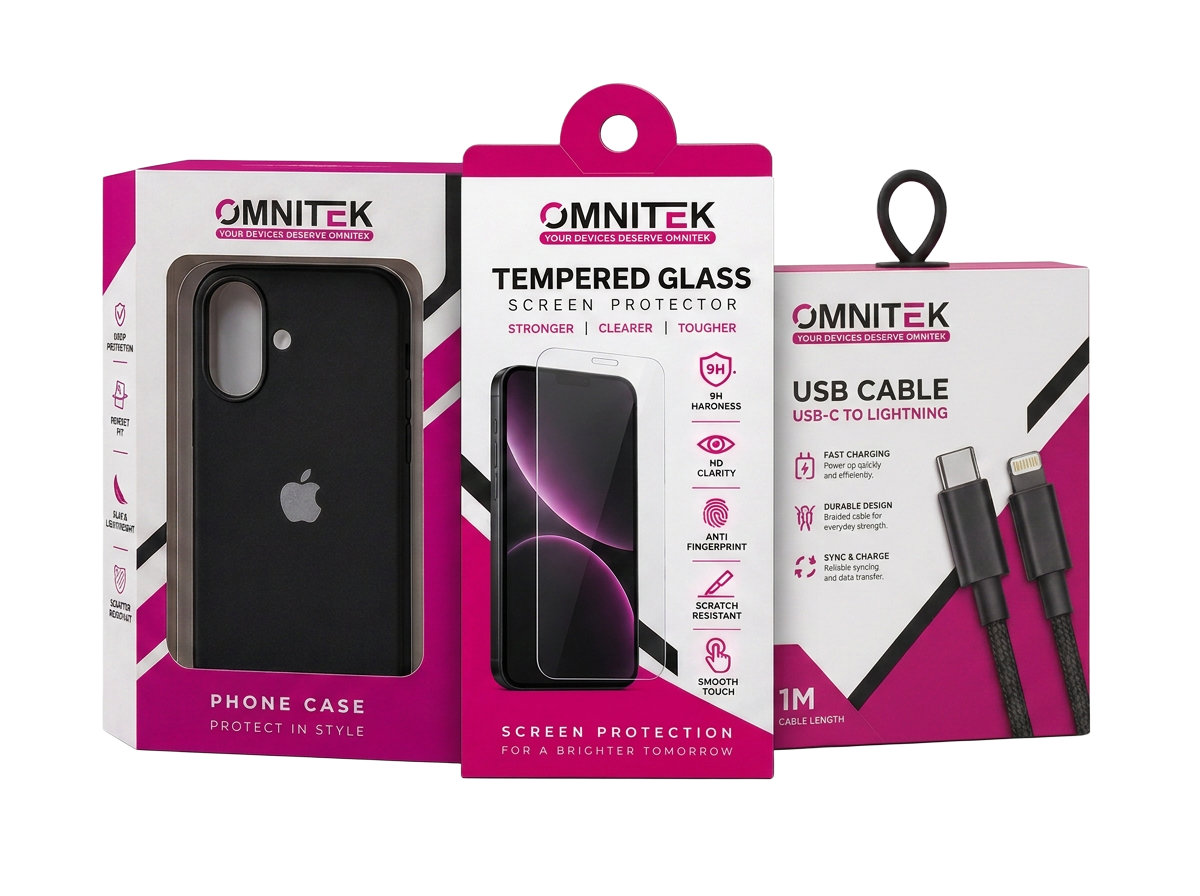 Complete Omnitek branded packaging range shown together