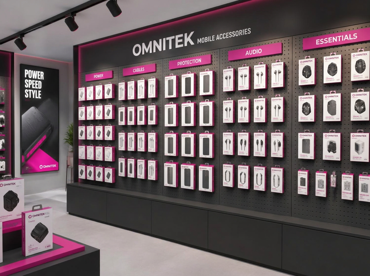 Retail shelf displaying a complete branded accessory range
